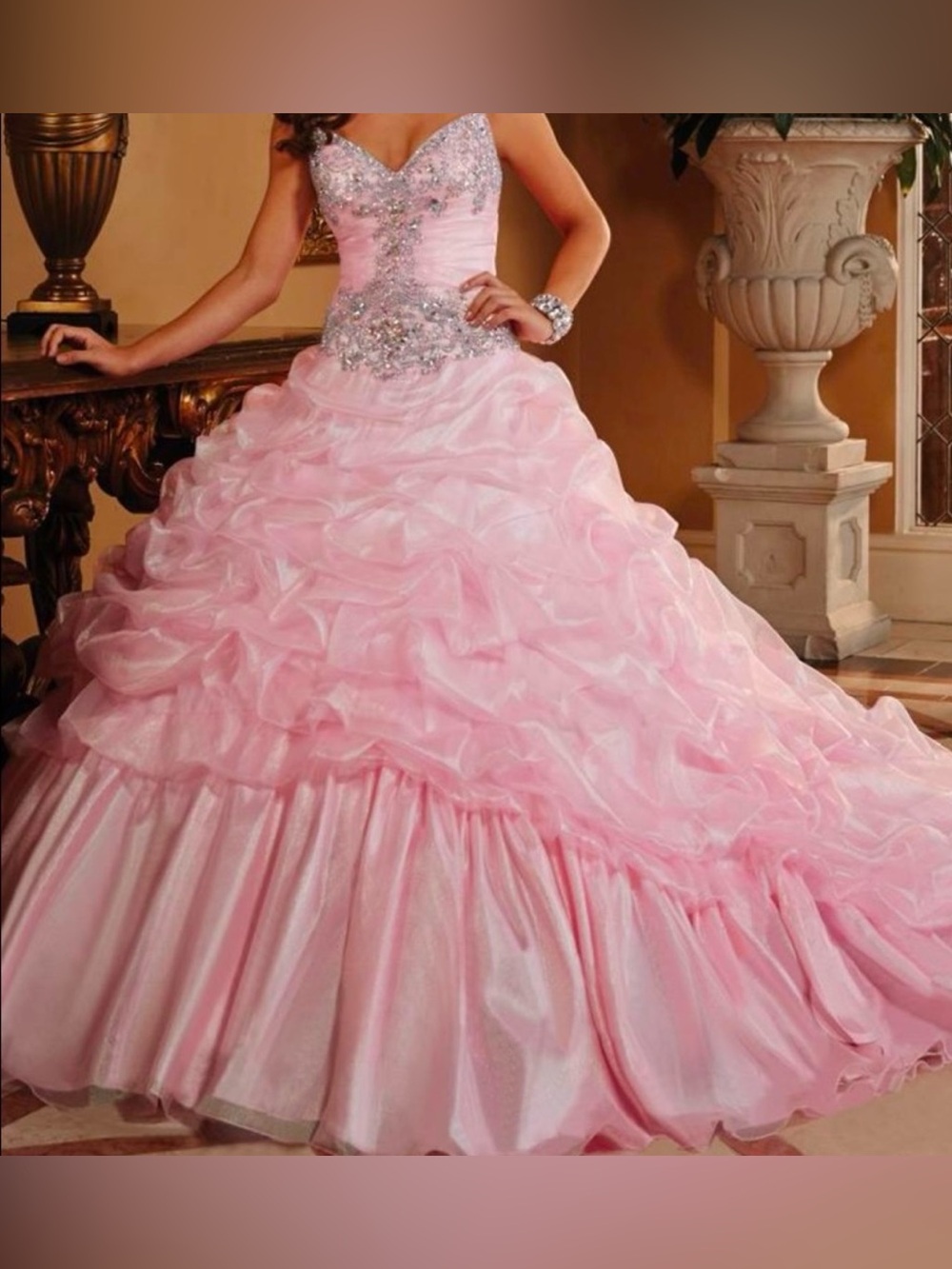 Pink Ruffled Ball Gown with Beaded Sweetheart Bodice perfect for Prom or Gala